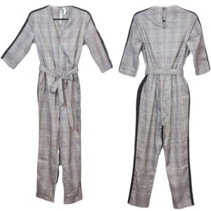 Anthropologie Solitaire Glen Plaid Jumpsuit Womens Size Small Black Belted Wrap